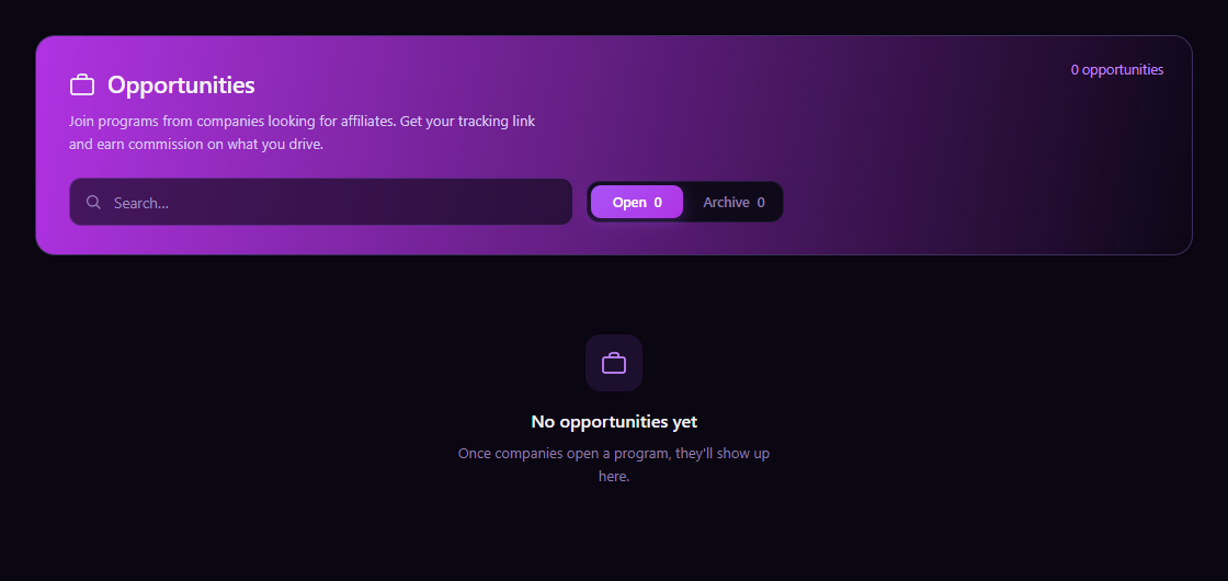 AffiPro Opportunities interface with search, Open and Archive tabs, and the empty state before programs are available.